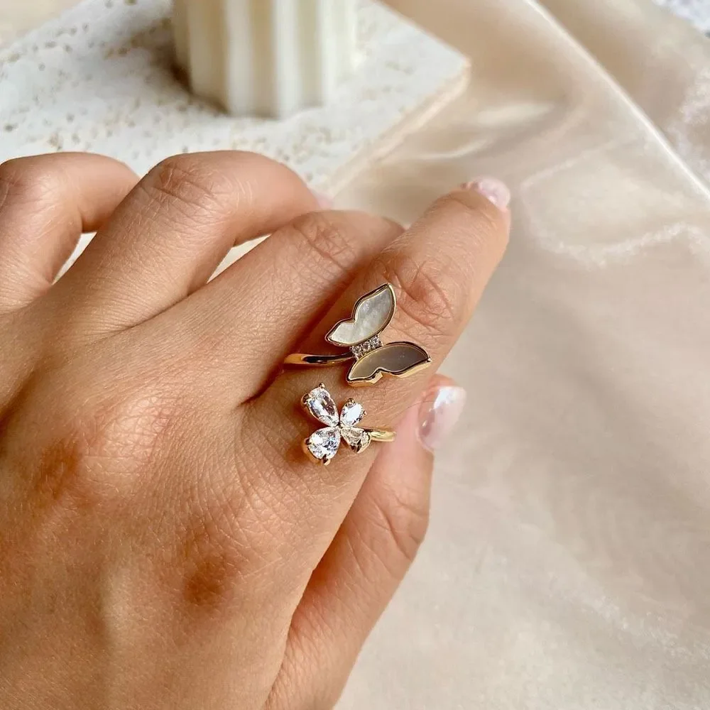 Mother of Pearl Gold Butterfly Open CZ Ring